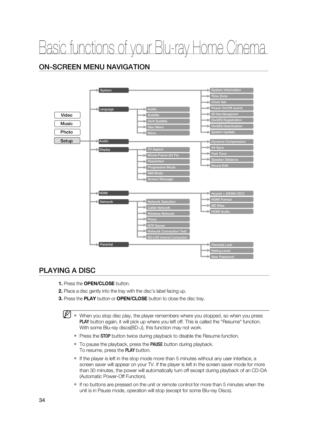 Samsung HT-BD1255R/XEF, HT-BD1255R/EDC, HT-BD1252R/EDC, HT-BD1250R/XET manual ON-SCREEN Menu Navigation, Playing a Disc 