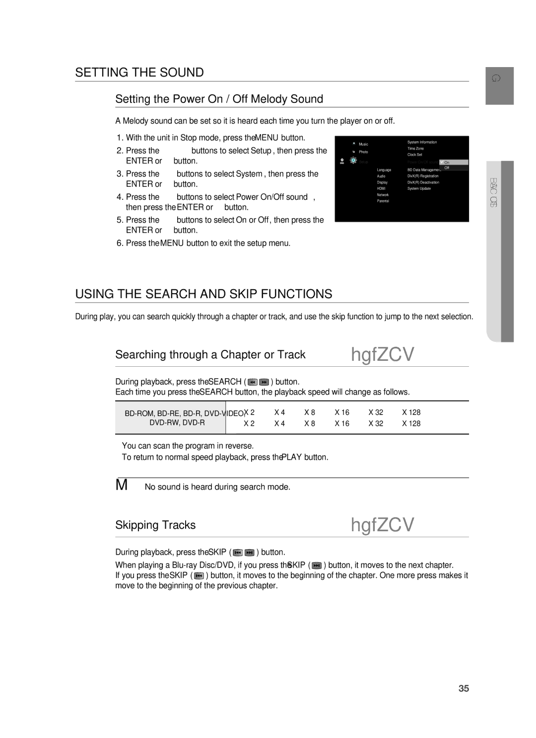 Samsung HT-BD1250R/XEF Setting the Sound, Using the Search and Skip Functions, Setting the Power On / Off Melody Sound 