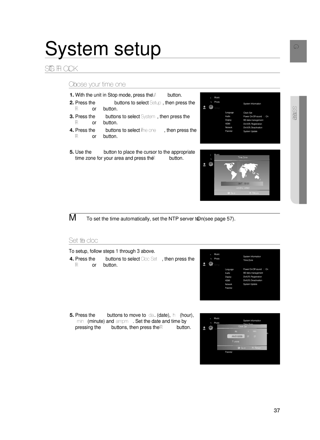 Samsung HT-BD1255R/XEE, HT-BD1255R/EDC System setup, Setting the Clock, Choose your time zone, Set the clock, System Setup 