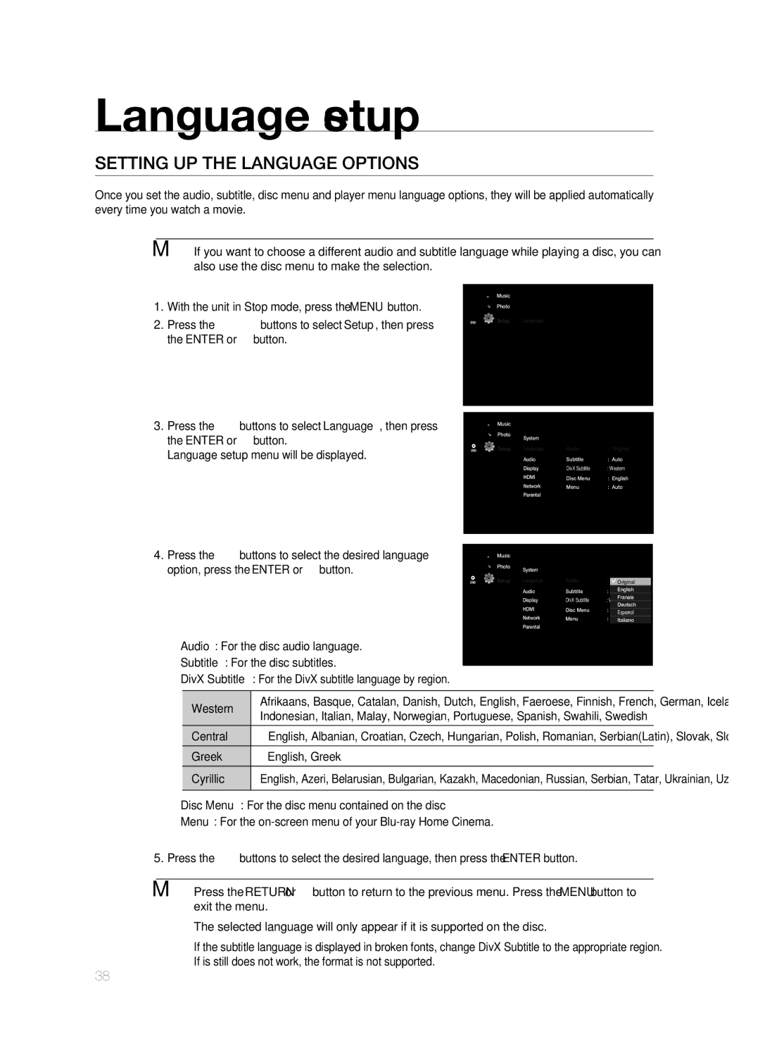 Samsung HT-BD1250R/XEE manual Language setup, Setting UP the Language Options, Central, Greek English, Greek Cyrillic 