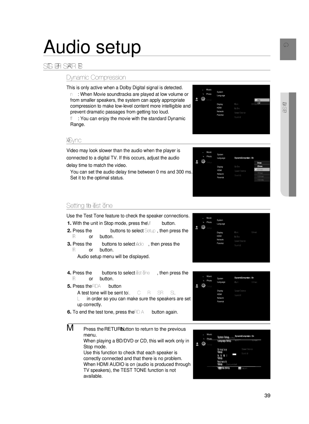 Samsung HT-BD1252R/XEE manual Audio setup, Setting UP the Speaker Options, Dynamic Compression, AV Sync, Audio Setup 