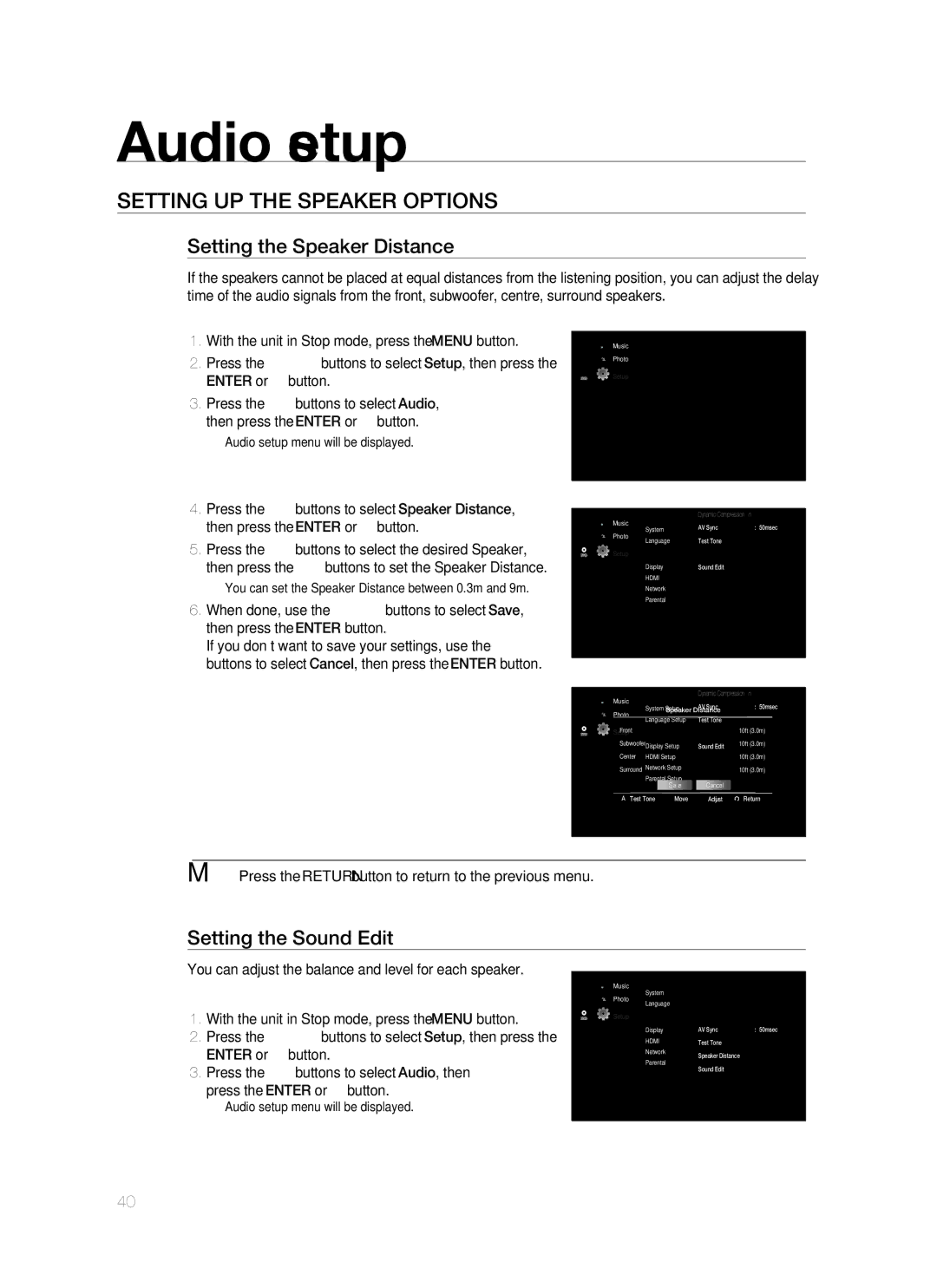 Samsung HT-BD1255R/EDC, HT-BD1252R/EDC, HT-BD1250R/XET, HT-BD1250R/EDC Setting the Speaker Distance, Setting the Sound Edit 