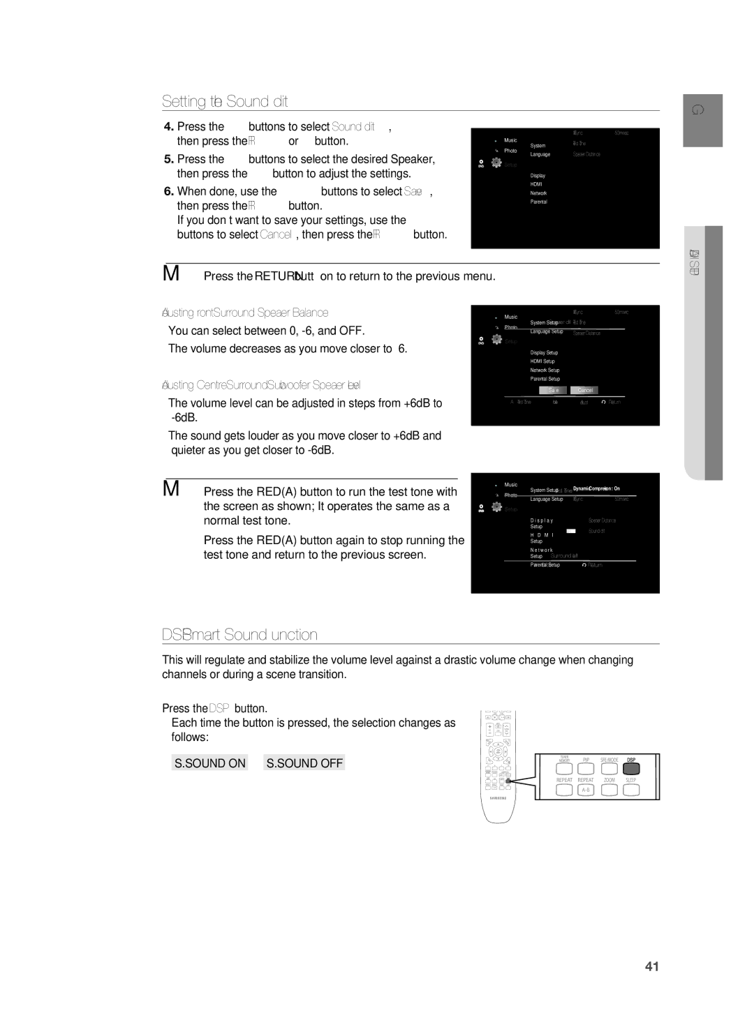 Samsung HT-BD1252R/EDC, HT-BD1255R/EDC, HT-BD1250R/XET, HT-BD1250R/EDC manual DSPSmart Sound Function, Sound on S.SOUND OFF 