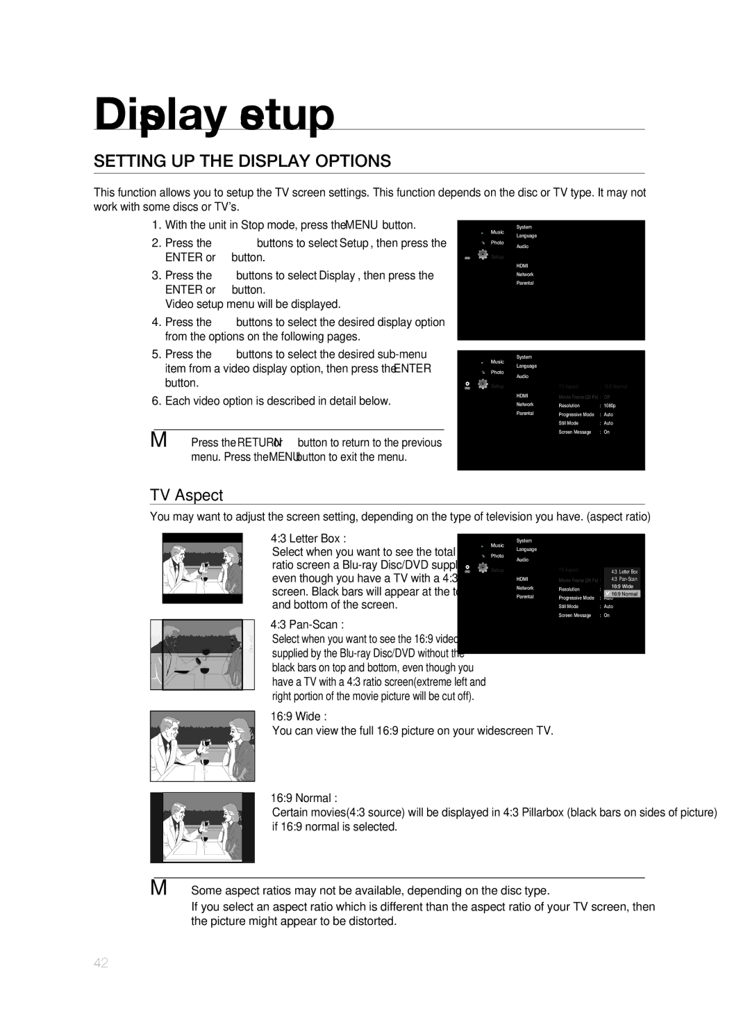 Samsung HT-BD1250R/XET, HT-BD1255R/EDC, HT-BD1252R/EDC Display setup, Setting UP the Display Options, TV Aspect, Pan-Scan 