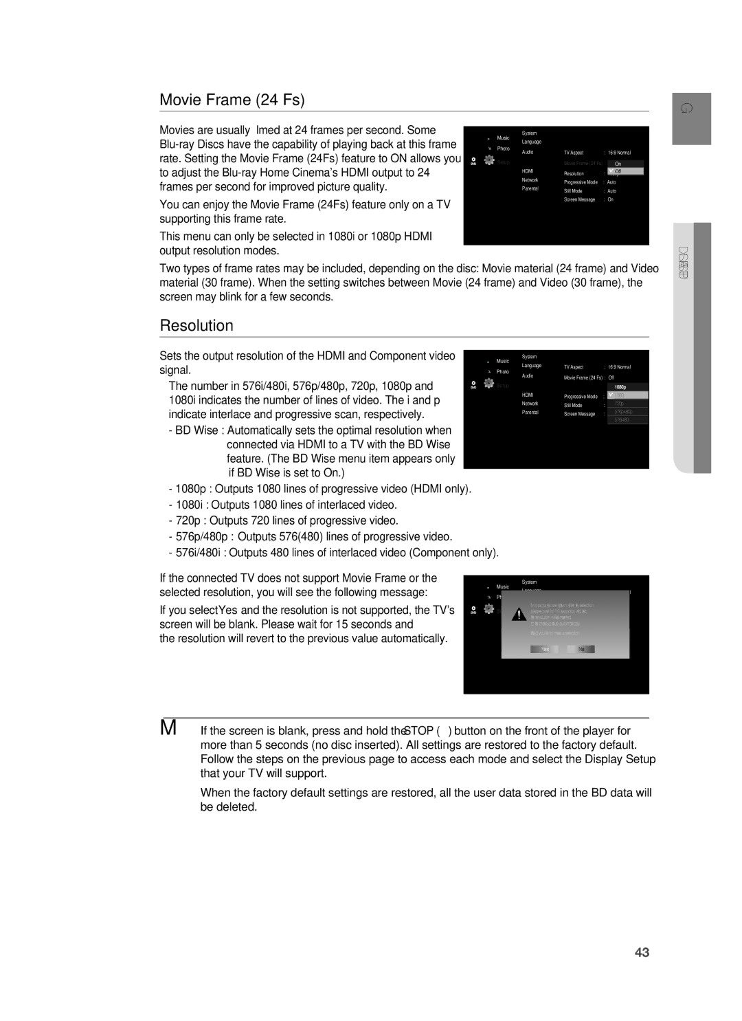 Samsung HT-BD1250R/EDC, HT-BD1255R/EDC, HT-BD1252R/EDC, HT-BD1250R/XET, HT-BD1255R/XEF manual Movie Frame 24 Fs, Resolution 