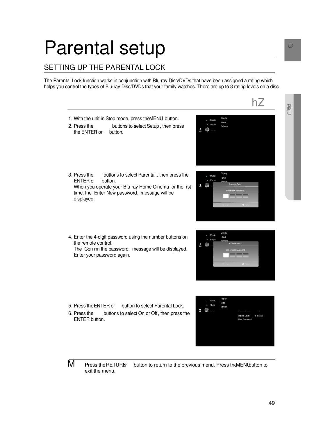 Samsung HT-BD1252R/XEE, HT-BD1255R/EDC, HT-BD1252R/EDC manual Parental setup, Setting UP the Parental Lock, Parental Setup 