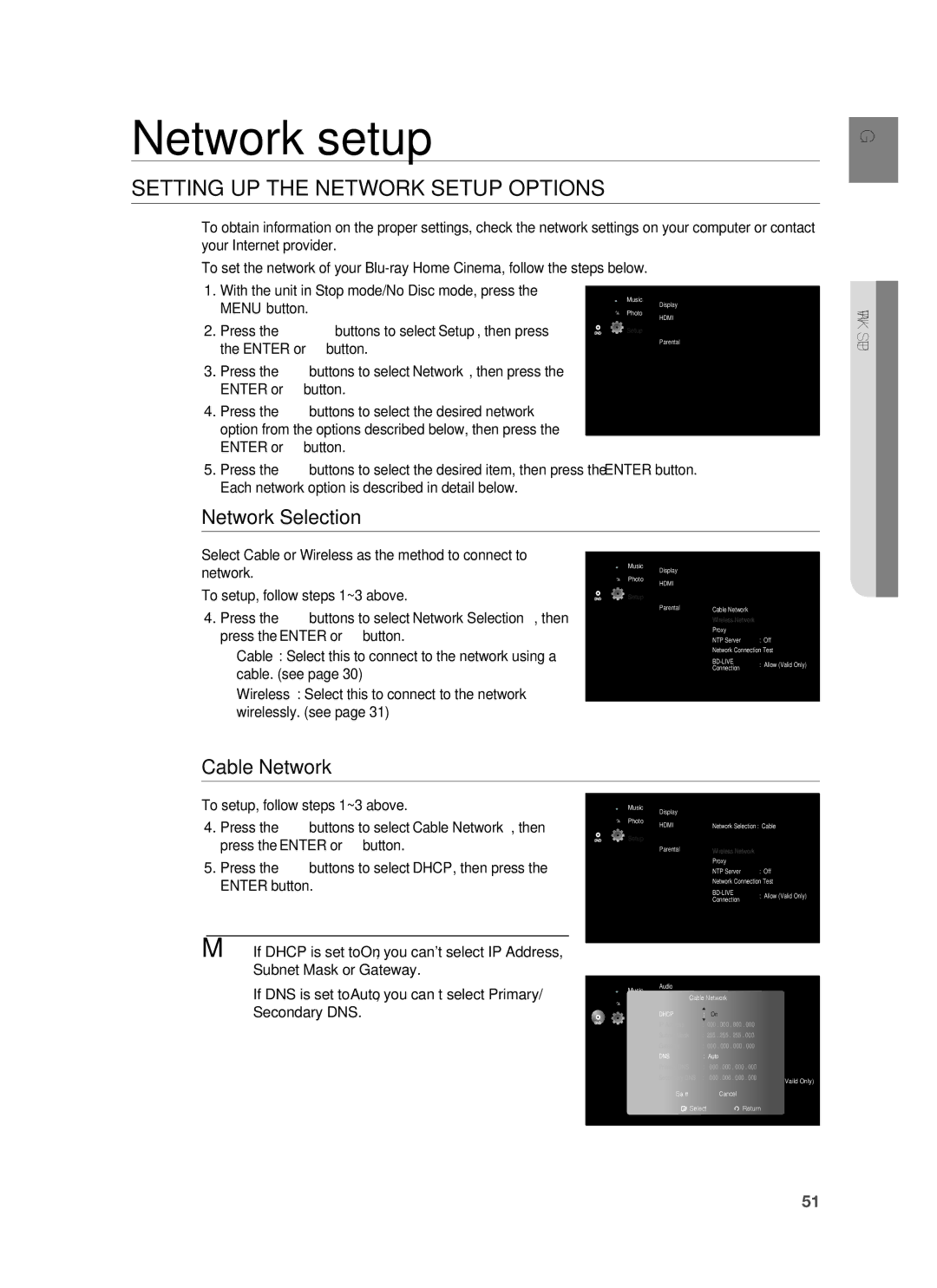 Samsung HT-BD1252R/EDC, HT-BD1255R/EDC manual Setting UP the Network Setup Options, Network Selection, Cable Network 