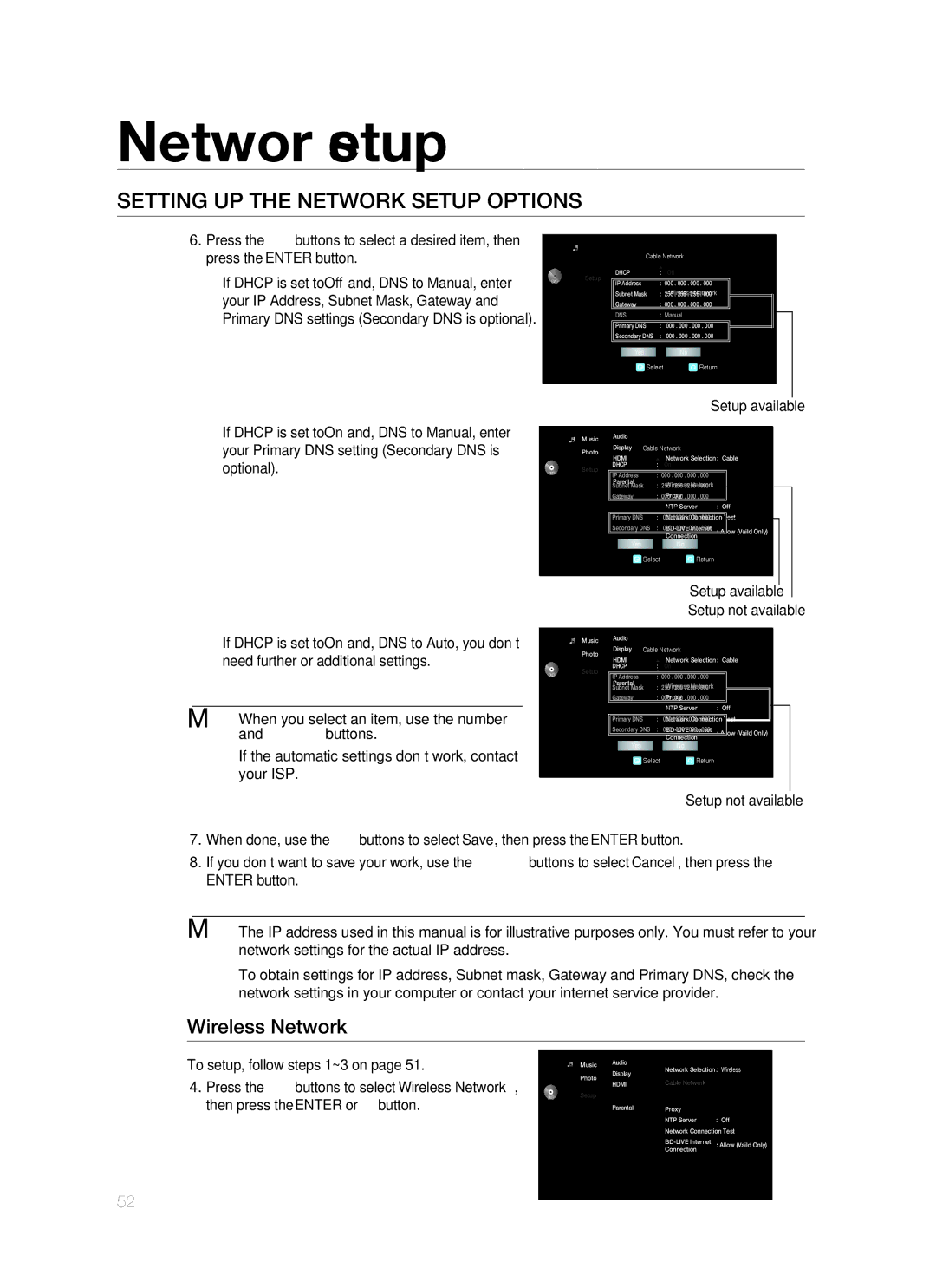 Samsung HT-BD1250R/XET, HT-BD1255R/EDC Network setup, Wireless Network, Setup available, To setup, follow steps 1~3 on 