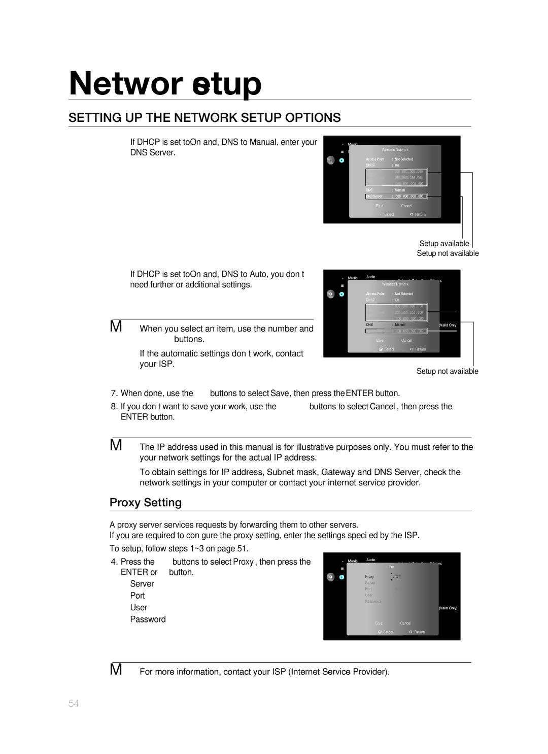 Samsung HT-BD1255R/XEF, HT-BD1255R/EDC, HT-BD1252R/EDC, HT-BD1250R/XET Proxy Setting, Setup available Setup not available 