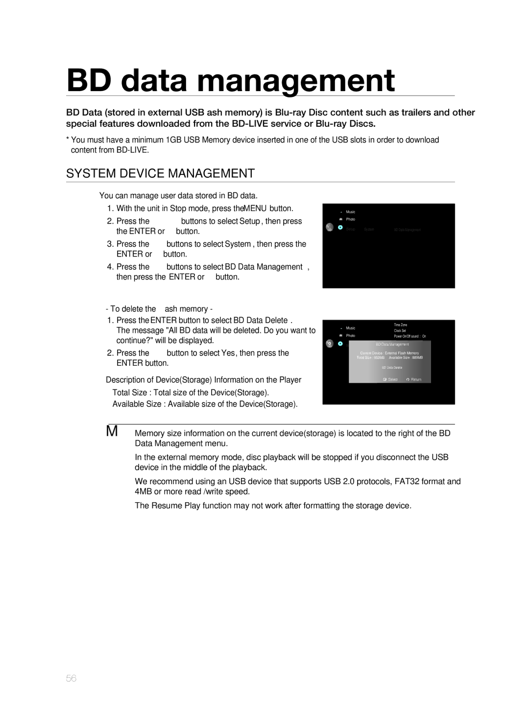 Samsung HT-BD1255R/XET, HT-BD1255R/EDC, HT-BD1252R/EDC, HT-BD1250R/XET manual BD data management, System Device Management 