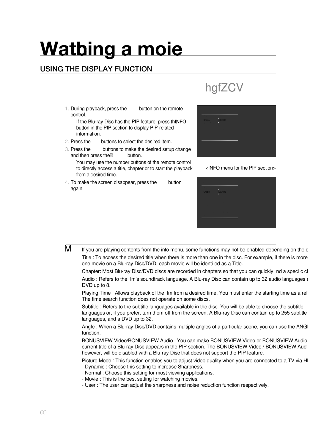 Samsung HT-BD1255R/EDC, HT-BD1252R/EDC manual Watching a movie, Using the Display Function, Info menu for the PIP section 