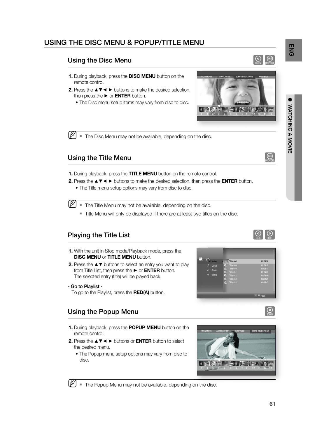 Samsung HT-BD1252R/EDC manual Using the Disc Menu & POPUP/TITLE Menu, Using the Title Menu, Playing the Title List 