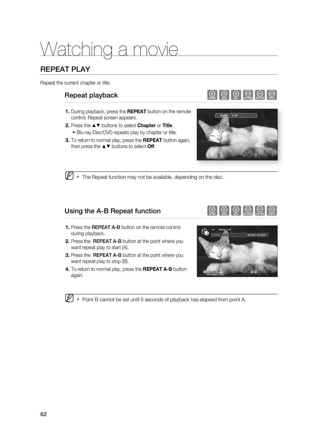 Samsung HT-BD1250R/XET Repeat Play, Repeat playback, Using the A-B Repeat function, Repeat the current chapter or title 