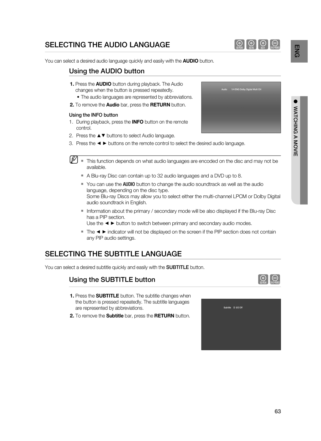 Samsung HT-BD1250R/EDC manual Selecting the Audio Language, Selecting the Subtitle Language, Using the Audio button 