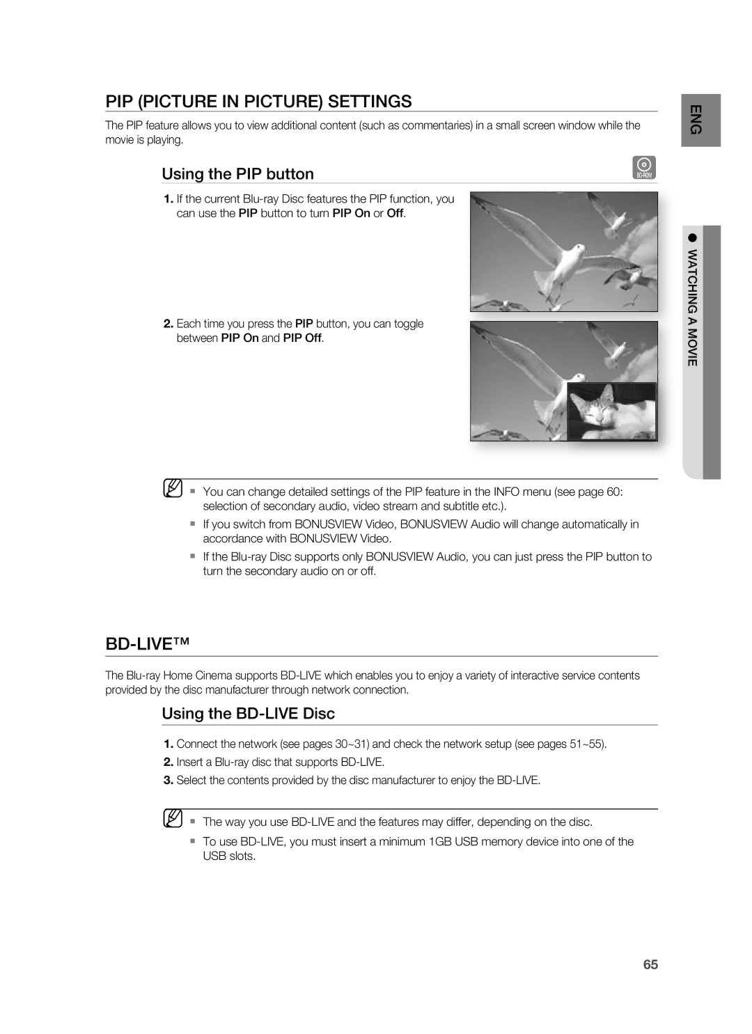 Samsung HT-BD1250R/XEF manual PIP Picture in Picture Settings, Bd-Live, Using the PIP button, Using the BD-LIVE Disc 