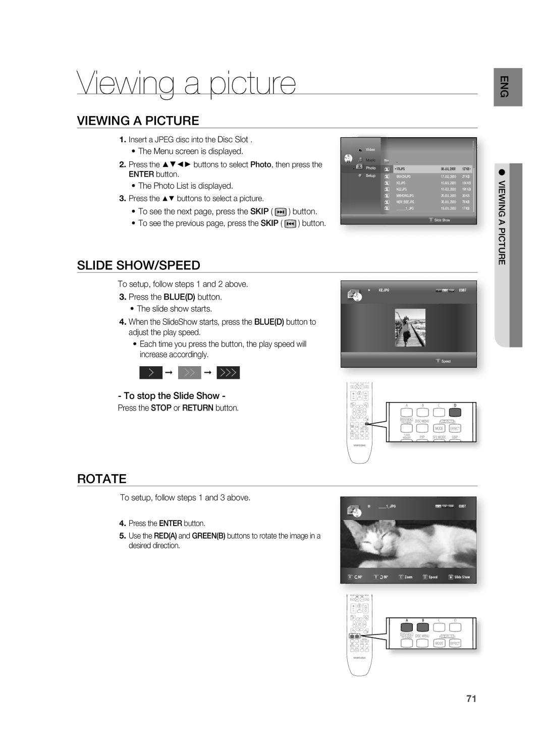 Samsung HT-BD1252R/EDC, HT-BD1255R/EDC, HT-BD1250R/XET manual Viewing a picture, Viewing a Picture, Slide SHOW/SPEED, Rotate 