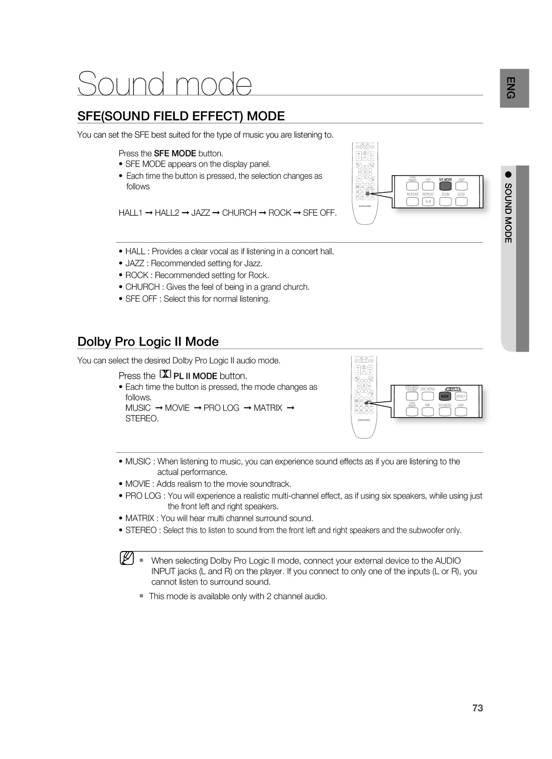 Samsung HT-BD1250R/EDC manual Sound mode, Sfesound Field Effect Mode, HALL1 HALL2 Jazz Church Rock SFE OFF, Sound Mode 