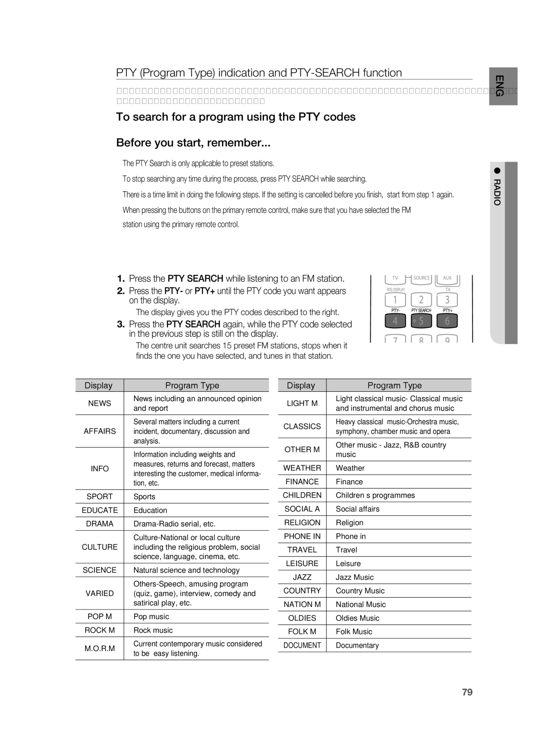 Samsung HT-BD1252R/XEE, HT-BD1255R/EDC, HT-BD1252R/EDC, HT-BD1250R/XET PTY Program Type indication and PTY-SEARCH function 