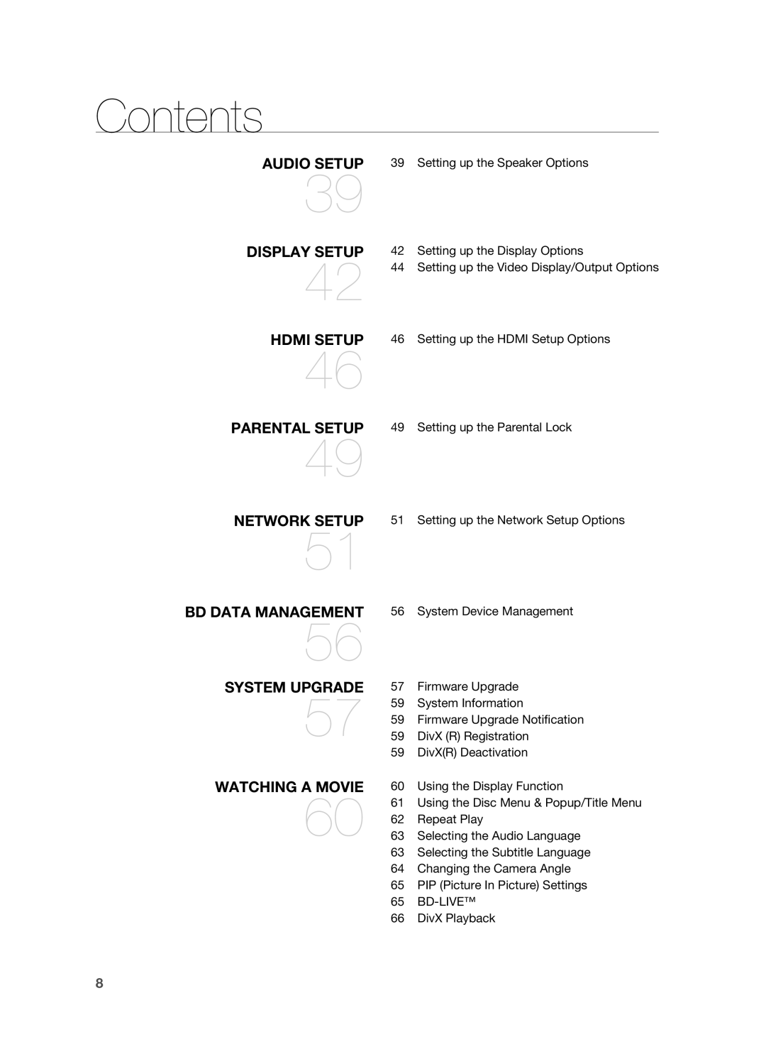 Samsung HT-BD1250R/XEE, HT-BD1255R/EDC manual Audio Setup 39 Setting up the Speaker Options, Bd-Live, DivX Playback 