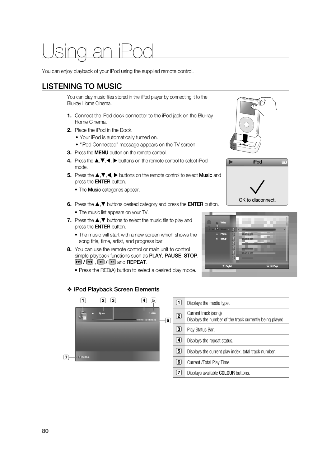 Samsung HT-BD1255R/EDC, HT-BD1252R/EDC, HT-BD1250R/XET, HT-BD1250R/EDC, HT-BD1255R/XEF manual Using an iPod, Listening to Music 