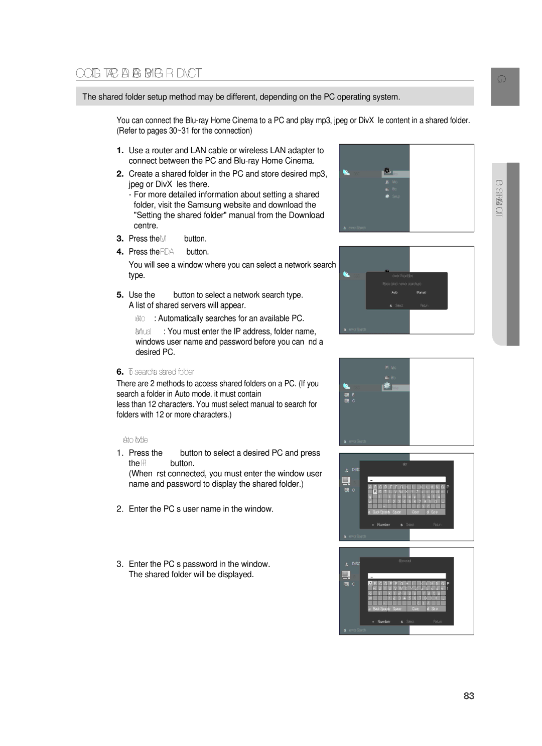 Samsung HT-BD1250R/EDC Connecting to a PC and Playing MP3, Jpeg or Divx Content, Enter the PC’s user name in the window 