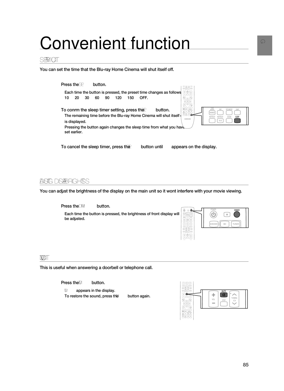 Samsung HT-BD1250R/XEF manual Convenient function, Sleep Timer Function, Adjusting Display Brightness, Mute Function 