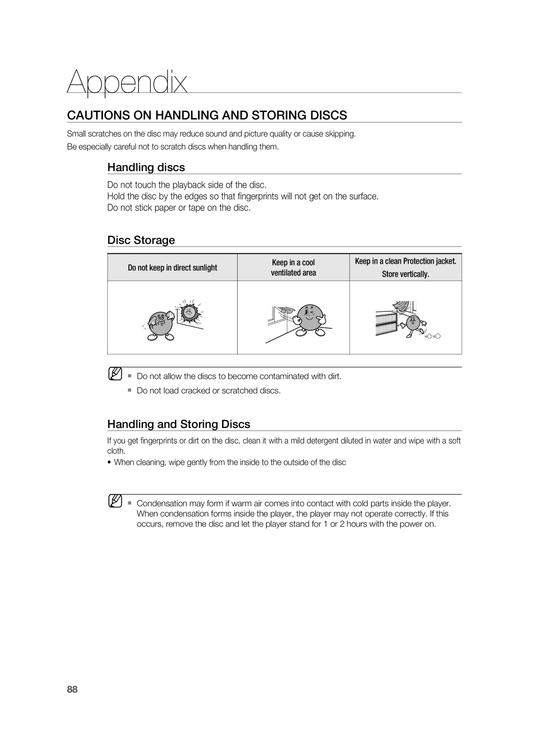 Samsung HT-BD1250R/XEE Appendix, Handling discs, Disc Storage, Handling and Storing Discs, Do not keep in direct sunlight 