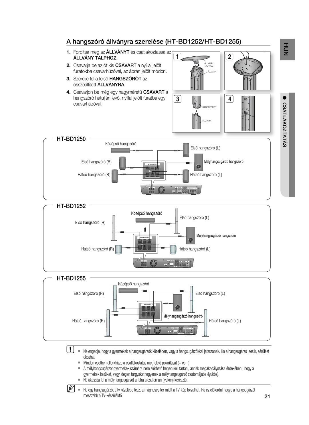 Samsung HT-BD1255R/XEE manual Hangszóró állványra szerelése HT-BD1252/HT-BD1255, Állvány Talphoz, Messzebb a TV-készüléktől 