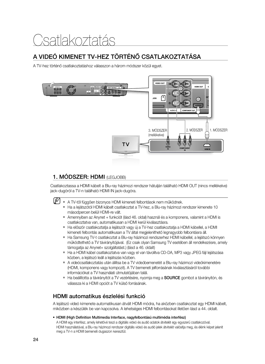 Samsung HT-BD1255R/EDC, HT-BD1252R/EDC Videó Kimenet TV-HEZ Történő Csatlakoztatása, Hdmi automatikus észlelési funkció 