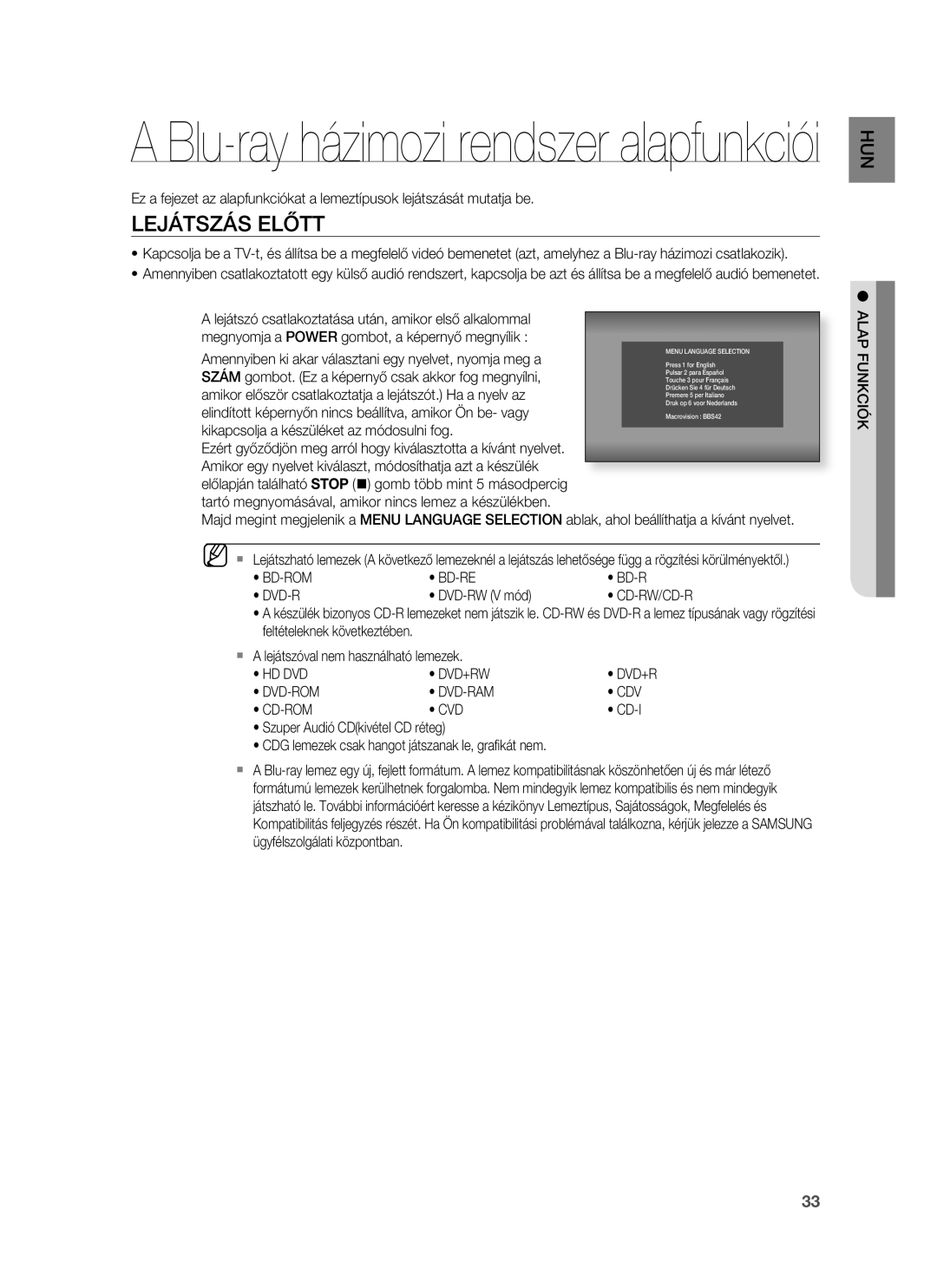 Samsung HT-BD1252R/EDC, HT-BD1255R/EDC manual Lejátszás Előtt, Hd Dvd Dvd+Rw, Dvd-Rom Dvd-Ram Cdv Cd-Rom Cvd, Alap Funkciók 