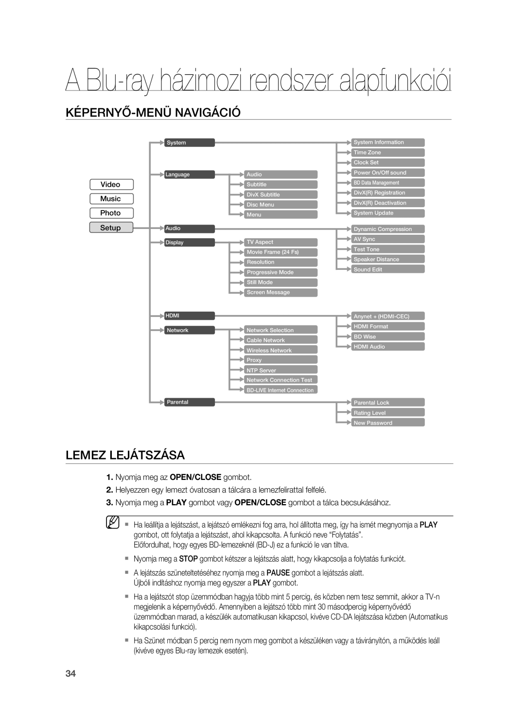 Samsung HT-BD1250R/XET, HT-BD1255R/EDC, HT-BD1252R/EDC, HT-BD1250R/EDC manual KÉPERNYŐ-MENÜ Navigáció, Lemez Lejátszása 