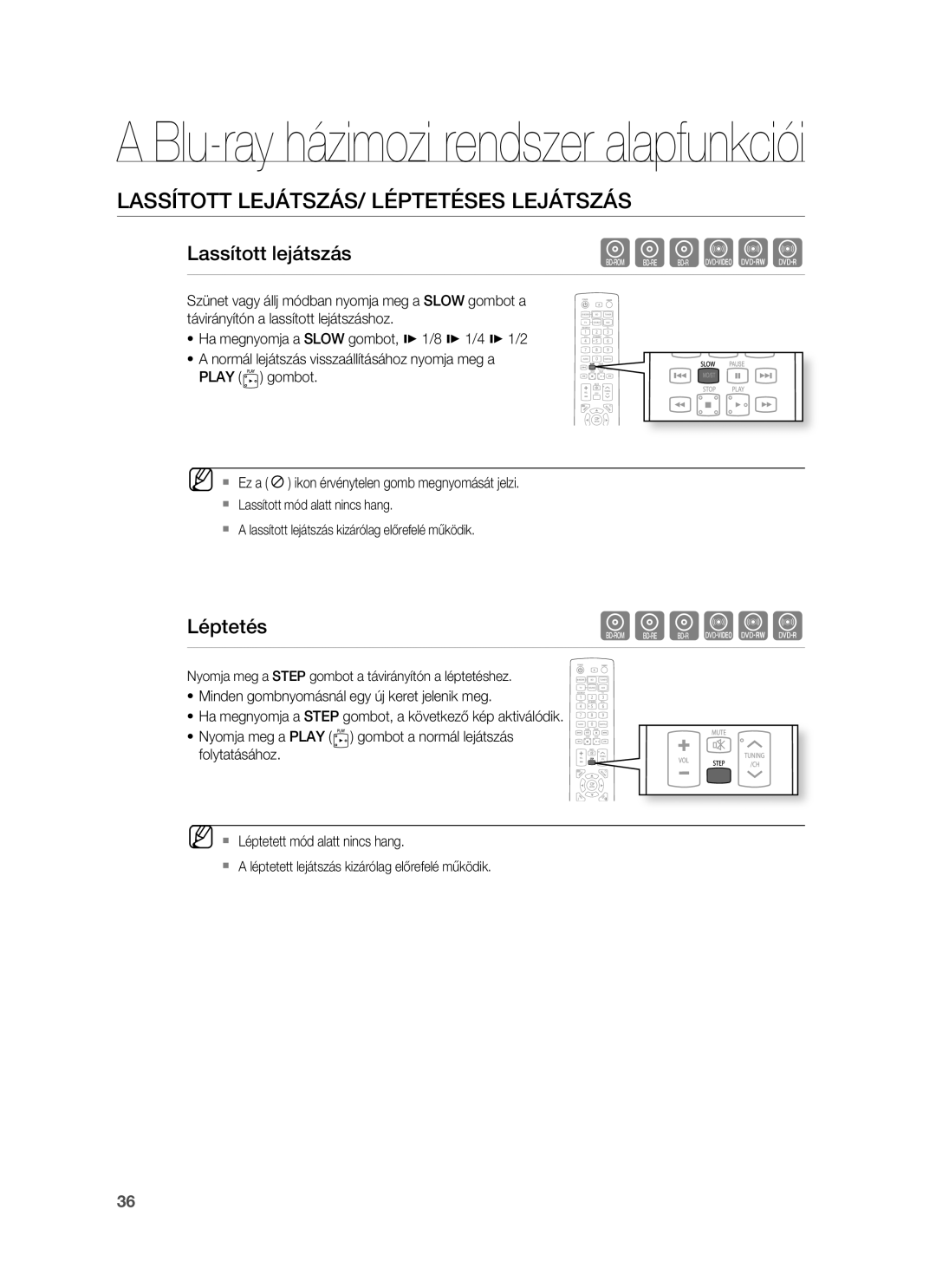 Samsung HT-BD1255R/XET, HT-BD1255R/EDC, HT-BD1252R/EDC manual Lassított LEJÁTSZÁS/ Léptetéses Lejátszás, Lassított lejátszás 