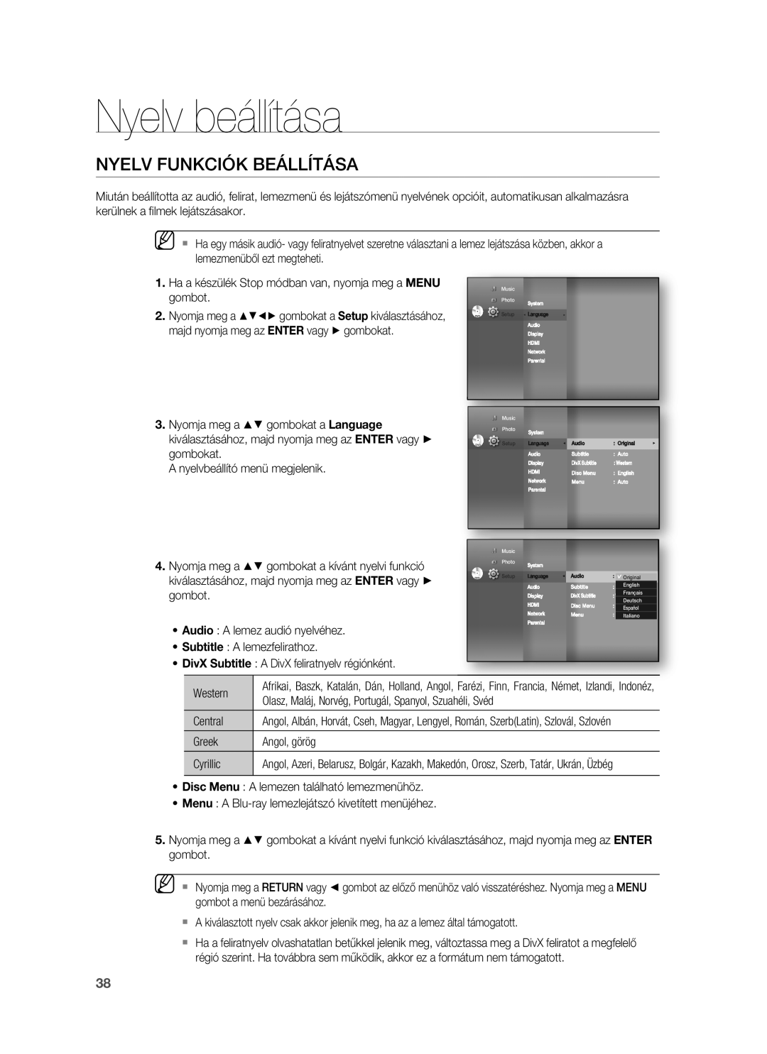 Samsung HT-BD1250R/XEE, HT-BD1255R/EDC, HT-BD1252R/EDC, HT-BD1250R/XET manual Nyelv beállítása, Nyelv Funkciók Beállítása 