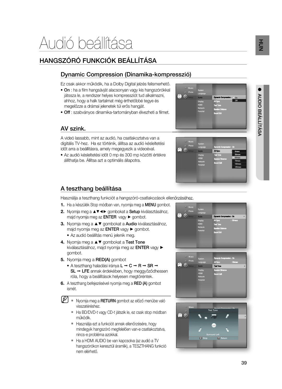 Samsung HT-BD1252R/XEE Audió beállítása, Hangszóró Funkciók Beállítása, Dynamic Compression Dinamika-kompresszió, AV szink 