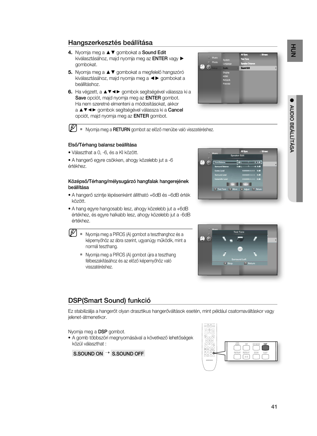 Samsung HT-BD1252R/EDC, HT-BD1255R/EDC, HT-BD1250R/XET, HT-BD1250R/EDC manual DSPSmart Sound funkció, Sound on S.SOUND OFF 