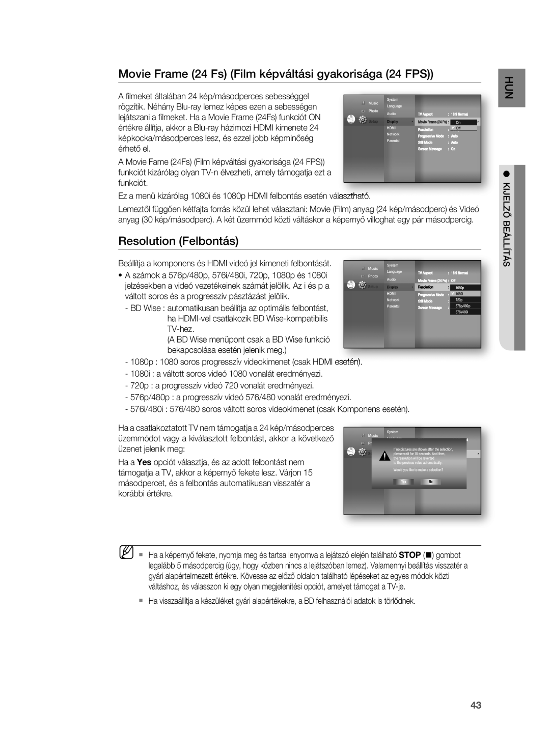 Samsung HT-BD1250R/EDC manual Movie Frame 24 Fs Film képváltási gyakorisága 24 FPS, Resolution Felbontás, Kijelző Beállítás 