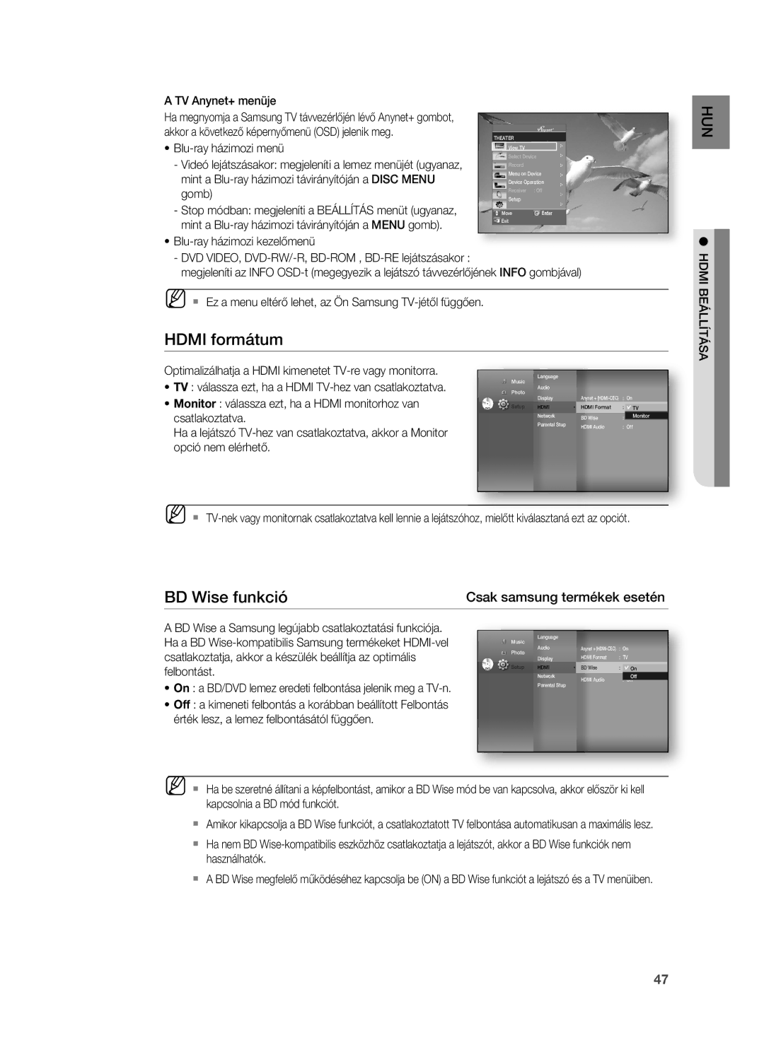 Samsung HT-BD1252R/XEE, HT-BD1255R/EDC, HT-BD1252R/EDC, HT-BD1250R/XET manual Hdmi formátum, BD Wise funkció, Hdmi Beállítása 