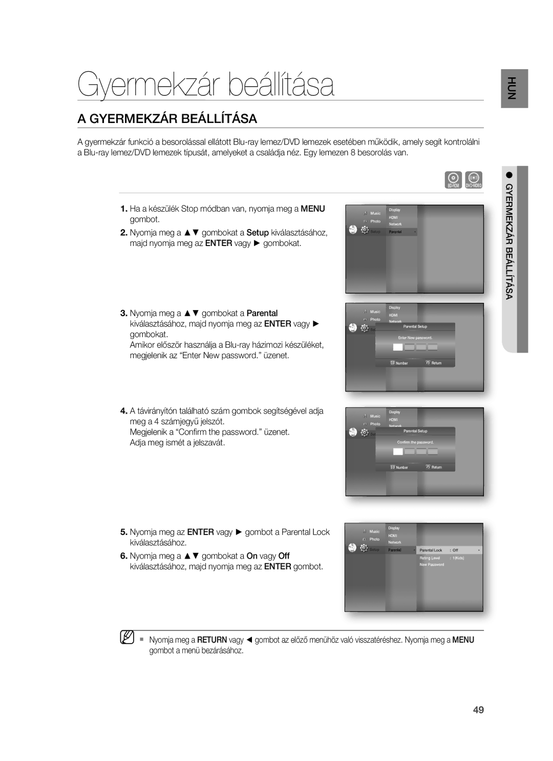 Samsung HT-BD1252R/EDC, HT-BD1255R/EDC, HT-BD1250R/XET, HT-BD1250R/EDC manual Gyermekzár beállítása, Gyermekzár Beállítása 