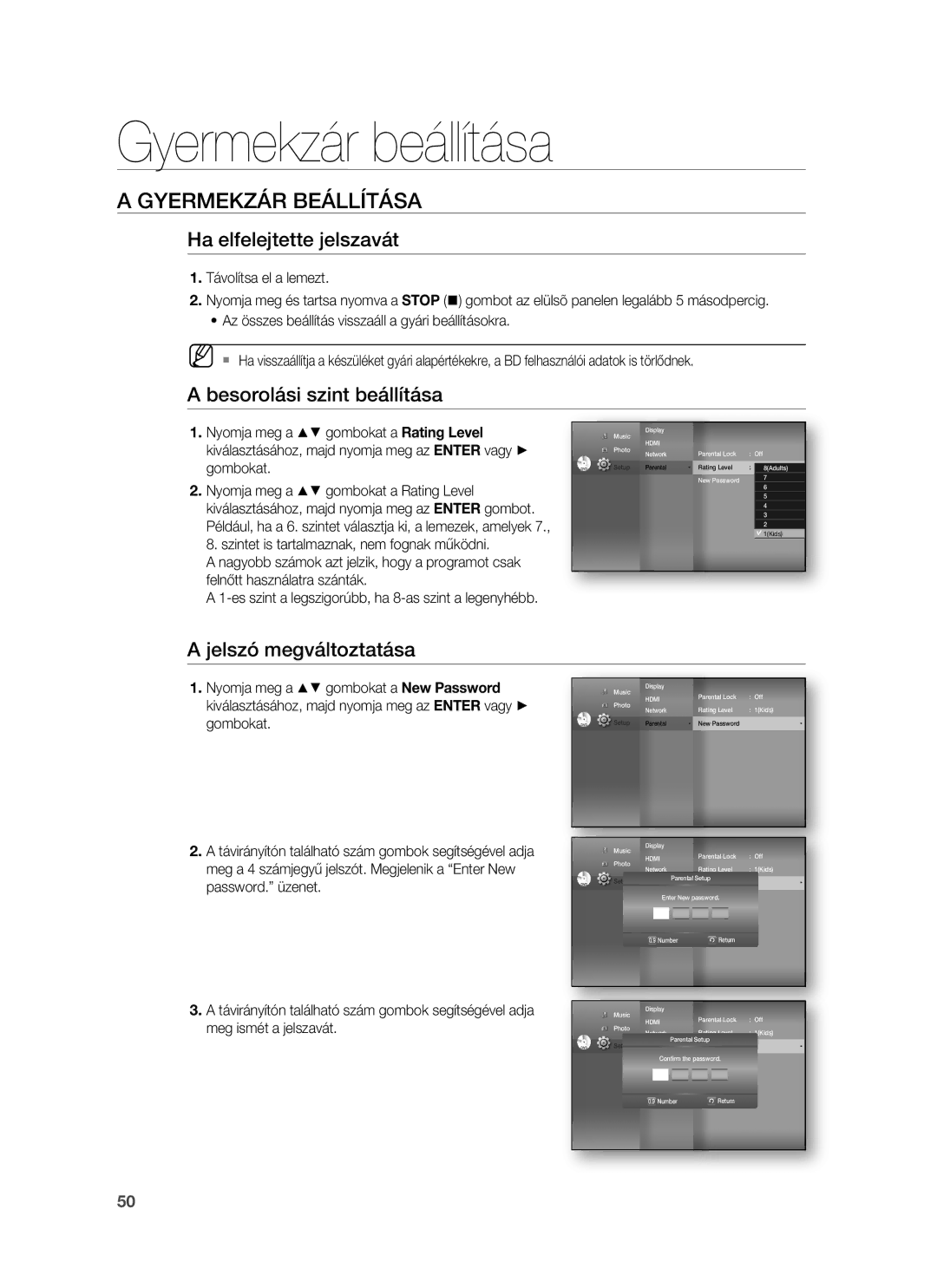 Samsung HT-BD1250R/XET, HT-BD1255R/EDC manual Ha elfelejtette jelszavát, Besorolási szint beállítása, Jelszó megváltoztatása 