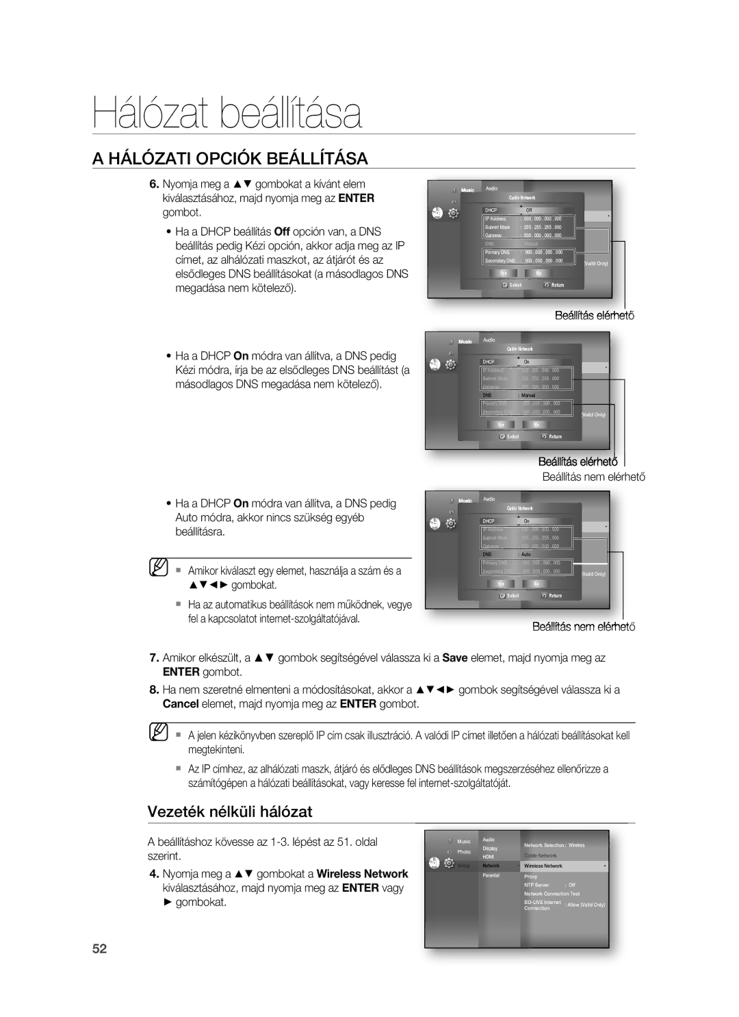 Samsung HT-BD1255R/XET, HT-BD1255R/EDC, HT-BD1252R/EDC, HT-BD1250R/XET manual Vezeték nélküli hálózat, Beállítás elérhető 