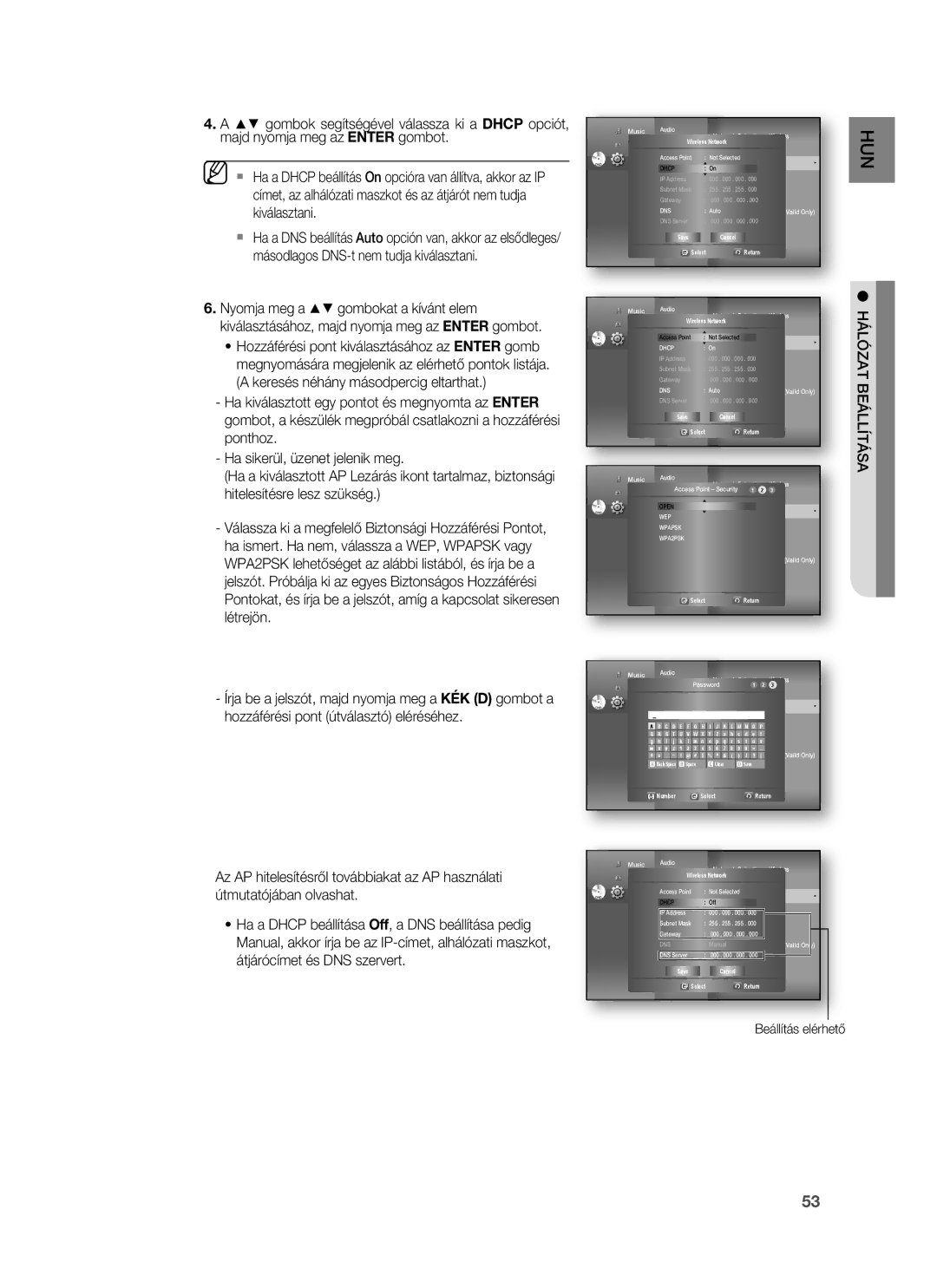 Samsung HT-BD1255R/XEE, HT-BD1255R/EDC, HT-BD1252R/EDC, HT-BD1250R/XET, HT-BD1250R/EDC, HT-BD1255R/XET manual Beállítás elérhető 