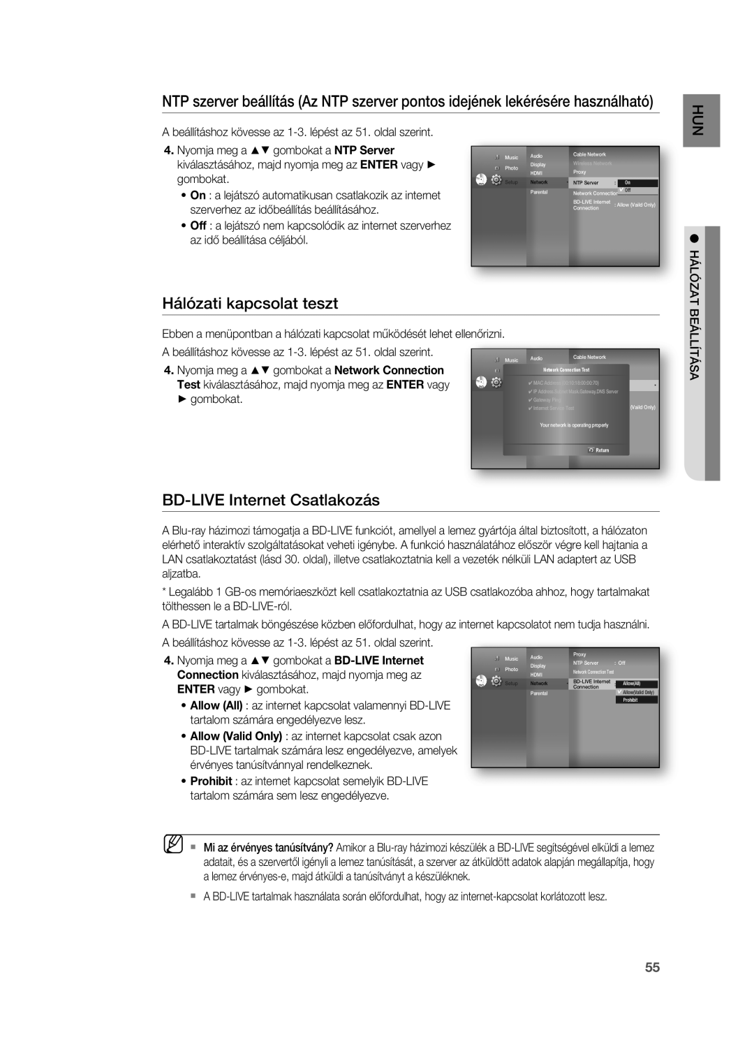 Samsung HT-BD1252R/XEE, HT-BD1255R/EDC, HT-BD1252R/EDC Hálózati kapcsolat teszt, BD-LIVE Internet Csatlakozás, Beállítása 