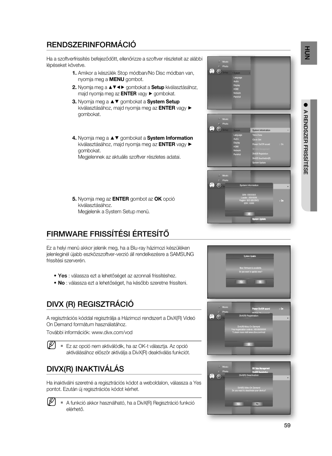 Samsung HT-BD1250R/EDC manual Rendszerinformáció, Firmware Frissítési Értesítő, Divx R Regisztráció, Divxr Inaktiválás 