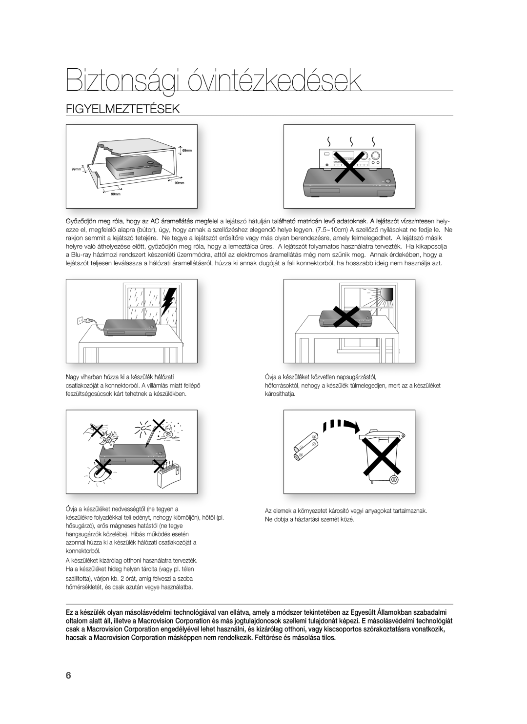 Samsung HT-BD1250R/XEE, HT-BD1255R/EDC, HT-BD1252R/EDC, HT-BD1250R/XET, HT-BD1250R/EDC, HT-BD1255R/XET manual Figyelmeztetések 