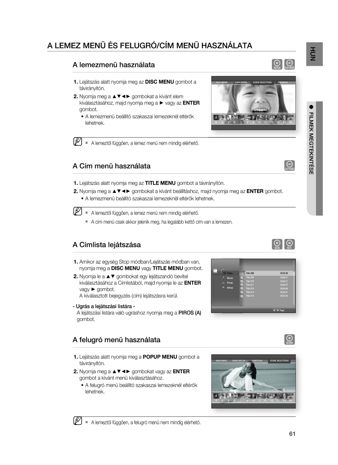 Samsung HT-BD1255R/XEE manual Lemez Menü ÉS FELUGRÓ/CÍM Menü Használata, Lemezmenü használata, Cím menü használata 