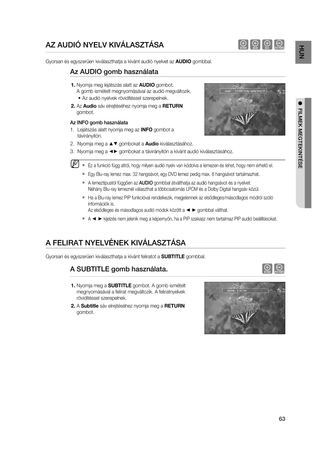 Samsung HT-BD1252R/XEE manual AZ Audió Nyelv Kiválasztása, Felirat Nyelvének Kiválasztása, Az Audio gomb használata 