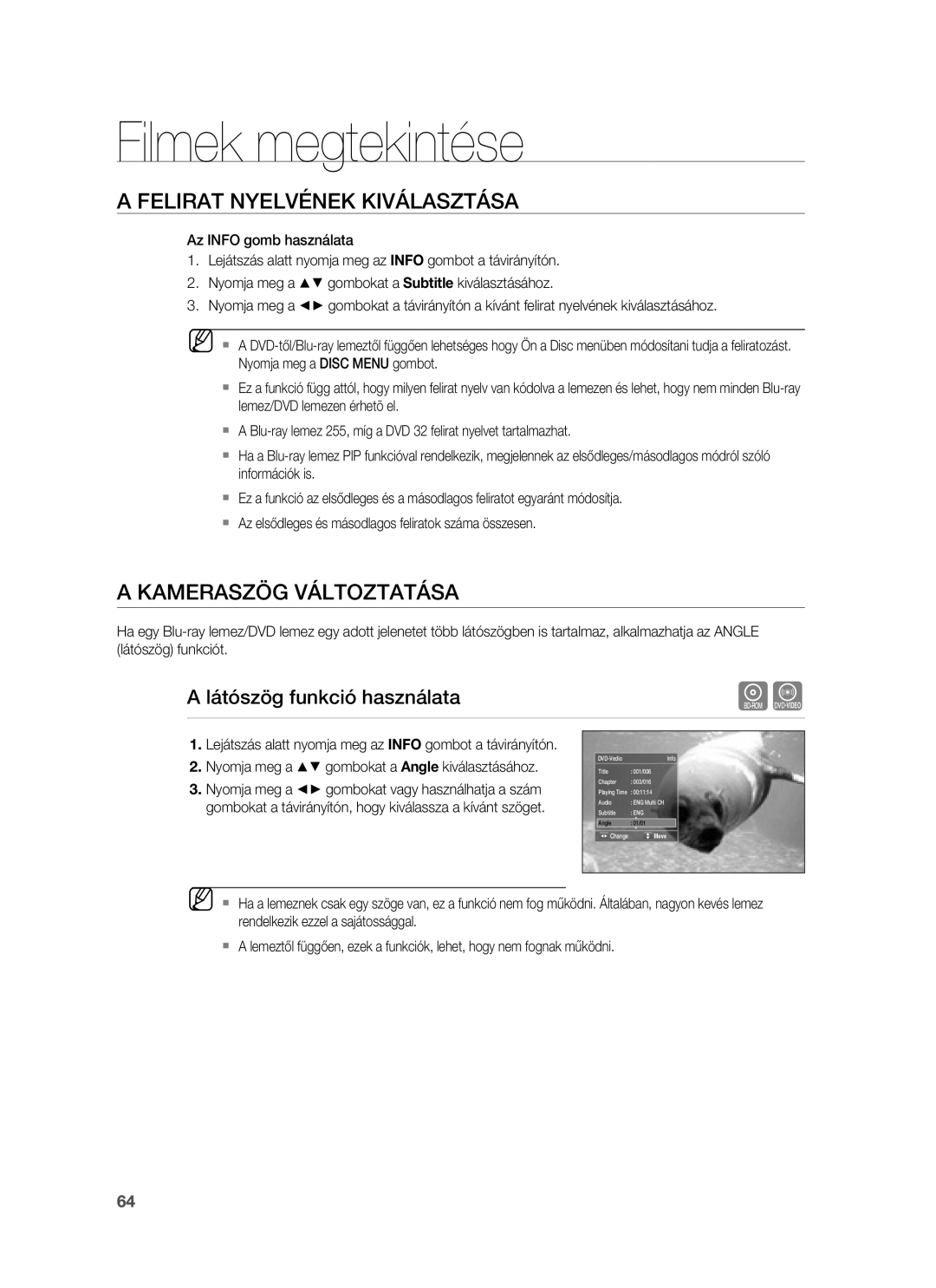 Samsung HT-BD1255R/EDC, HT-BD1252R/EDC, HT-BD1250R/XET, HT-BD1250R/EDC Kameraszög Változtatása, Látószög funkció használata 