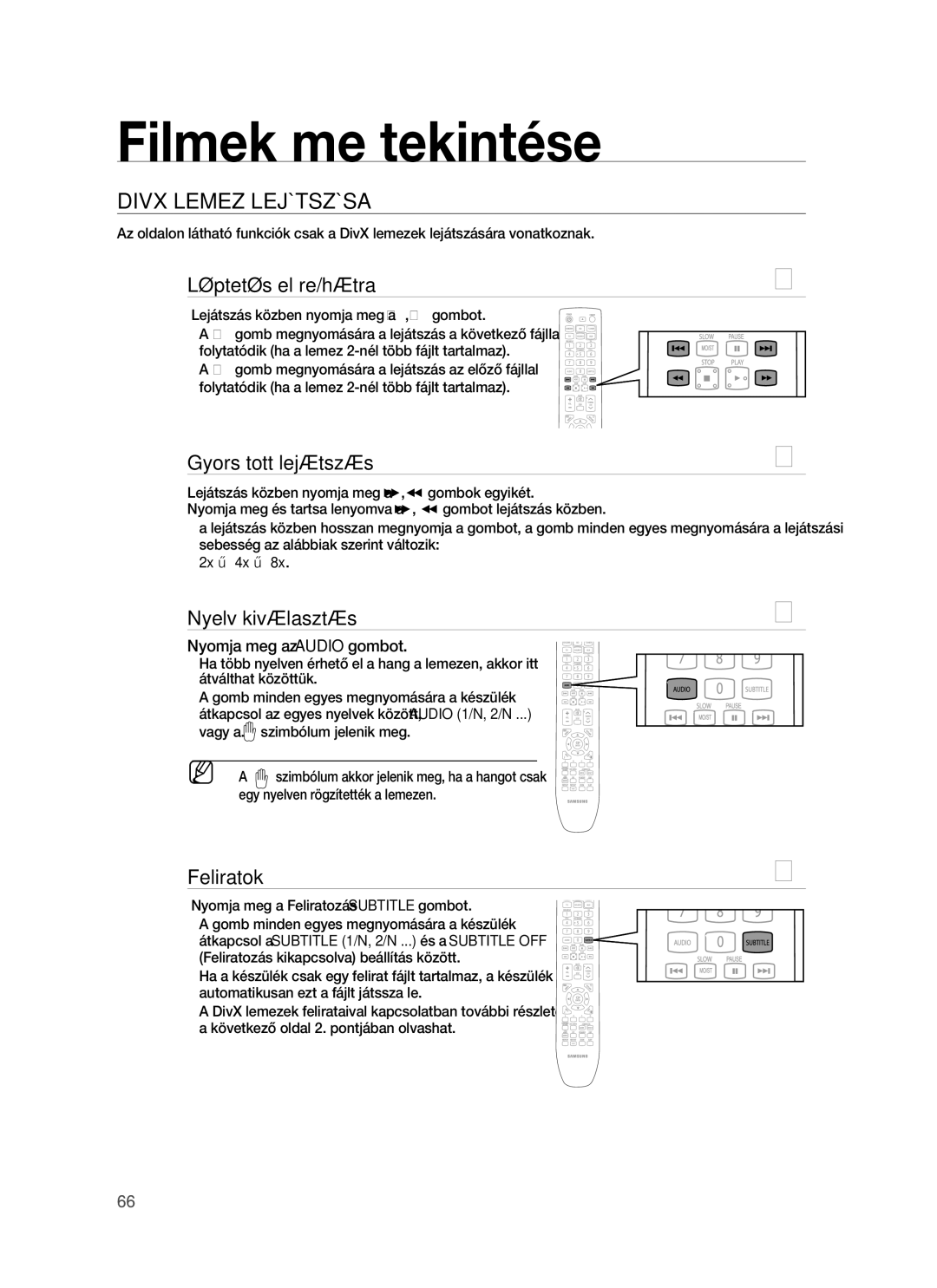 Samsung HT-BD1250R/XET Divx Lemez Lejátszása, Léptetés előre/hátra, Gyorsított lejátszás, Nyelv kiválasztás, Feliratok 