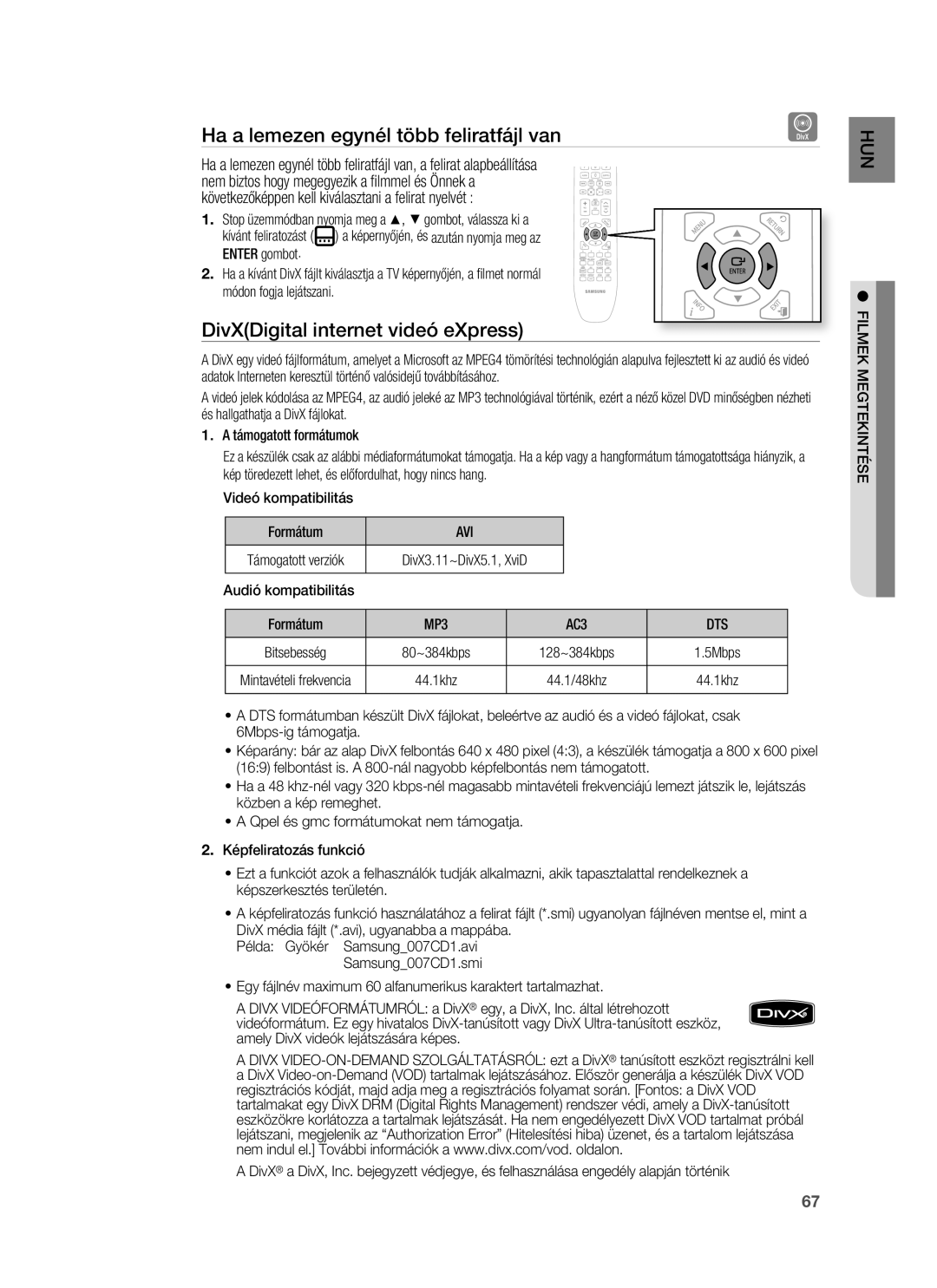 Samsung HT-BD1250R/EDC manual Ha a lemezen egynél több feliratfájl van, DivXDigital internet videó eXpress, Avi, Dts 