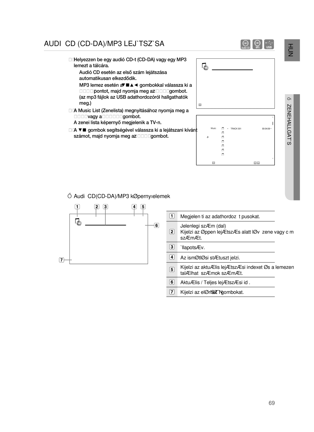 Samsung HT-BD1255R/XEE, HT-BD1255R/EDC manual Audió CD CD-DA/MP3 Lejátszása, Audió CDCD-DA/MP3 képernyõelemek, Zenehallgatás 